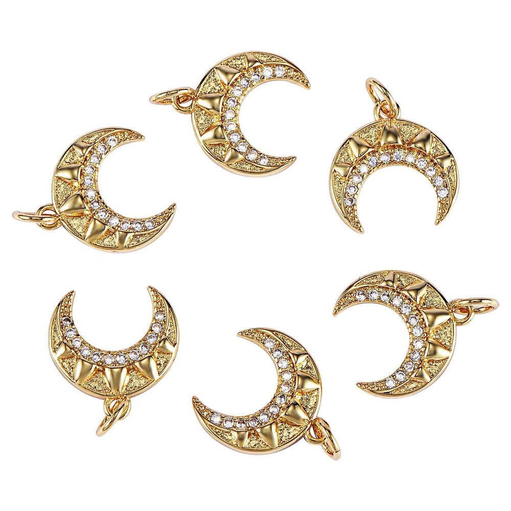 7985 6 Pcs Brass Moon Cubic Zirconia Charm Pendants Brass Moon Charm